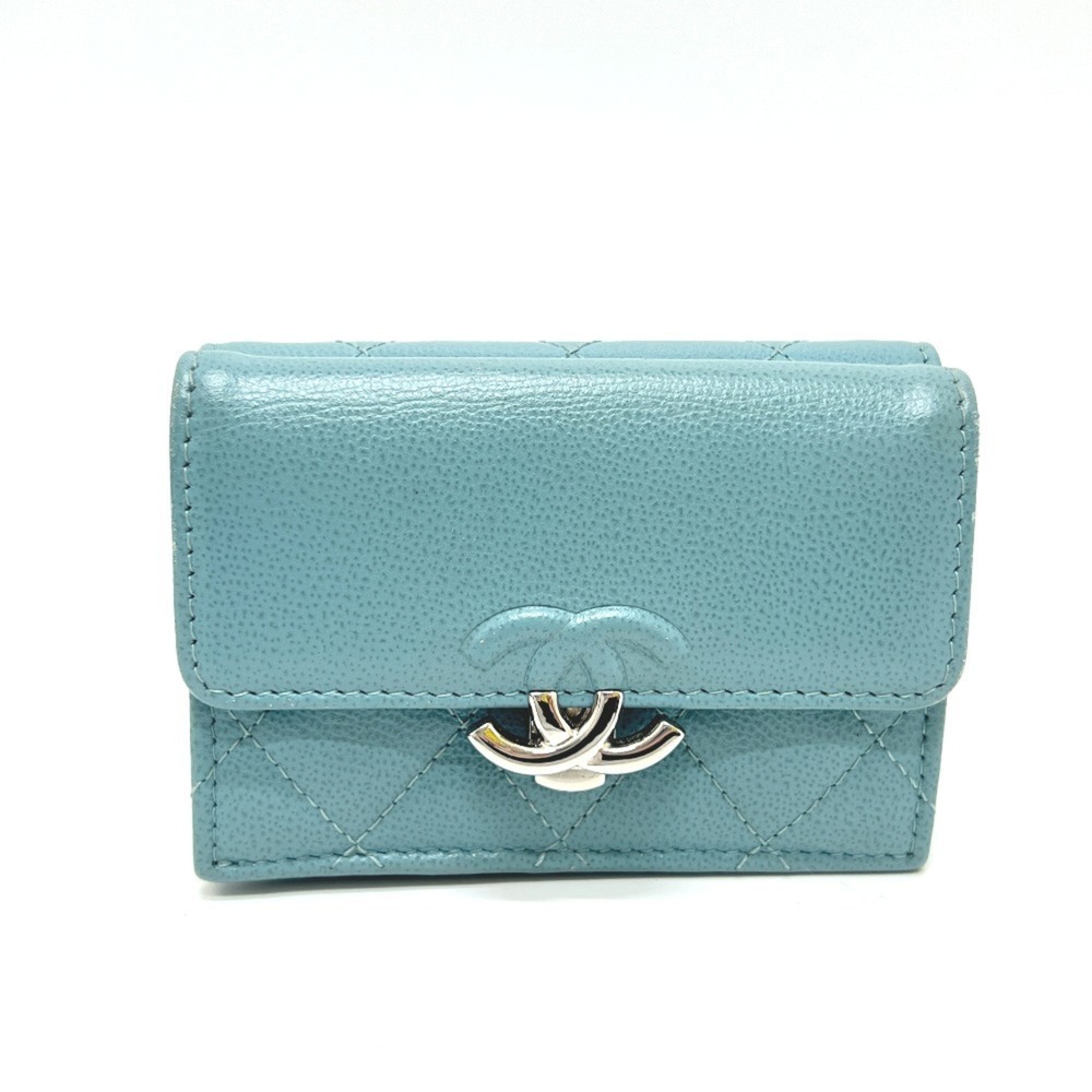 CHANEL Authentic Blue Leather Logo Wallet
